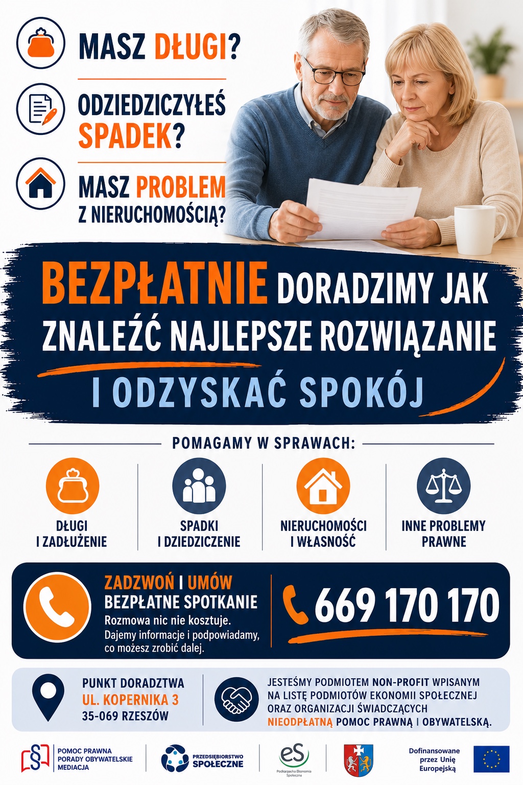 Plakat: Masz długi? Odziedziczyłeś spadek? Masz problem z nieruchomością? Bezpłatnie doradzimy.